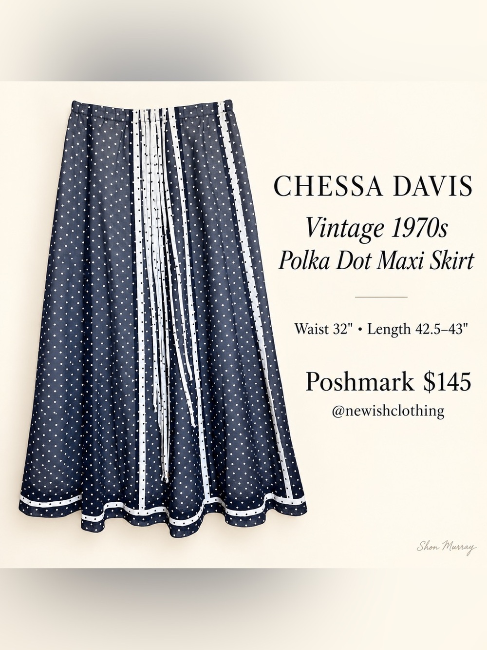Vintage 70s Chessa Davis Polka Dot Ribbon Maxi Skirt Boho Prairie